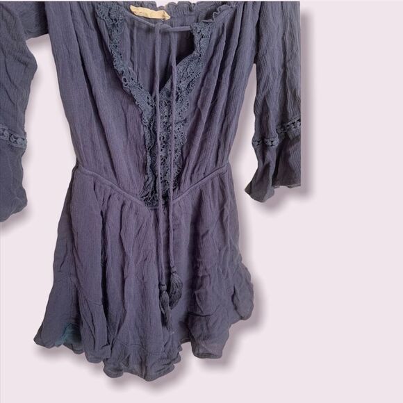 Elegant Unique Celtic Flowy 3/4 Sleeve Navy Blue Romper with Knit Lace Ruffles - Picture 3 of 11